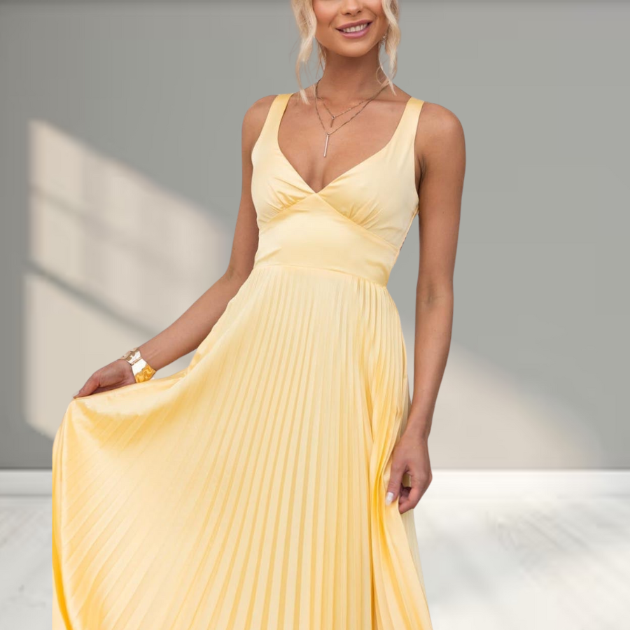 Aby™ - Gelbes Plissiertes V-Ausschnitt Maxikleid